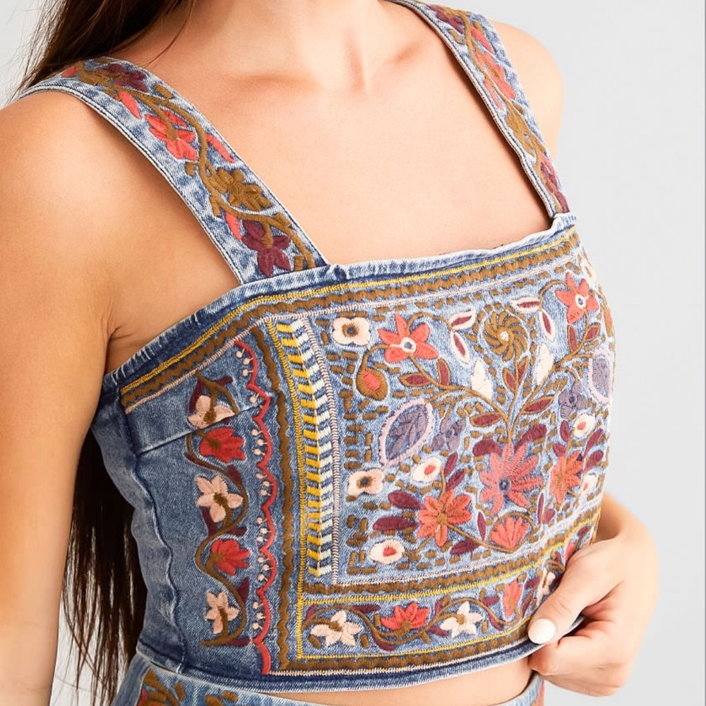 Buckle Embroidered Denim Crop Tank Top